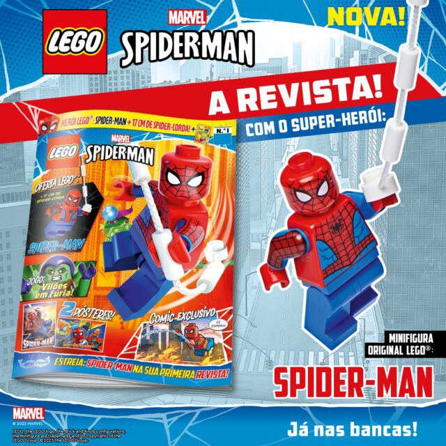 Nova revista LEGO®! A revista LEGO® Marvel Spider-Man chega às bancas. Junta-te ao Homem-Aranha  para realizares missões incríveis e salvar o mundo dos vilões malvados. Além disso, esta edição inclui uma oferta superfixe: uma minifigura original LEGO®  Spider-Man.