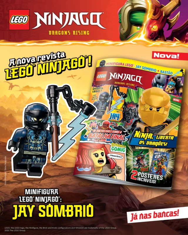 A nova edição da revista LEGO® NINJAGO® está a trovejar nas bancas! Junta-te aos ninja para novas missões incríveis e descobre tudo sobre a grande batalha final do Torneio das Fontes. De oferta, tens ainda a minifigura original Jay Sombrio.