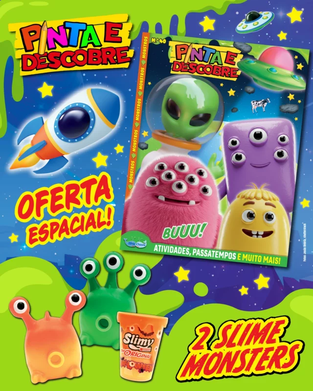 Não percas a nova revista da Pinta e Descobre! BZZZ-ZAP! Diverte-te com os extraterrestres, os passatempos espaciais e as atividades intergalácticas que preparámos para ti! Vais poder ver discos voadores, pintar planetas misteriosos e dar vida a seres de outro mundo! Como oferta, recebes ainda dois monstros slime! BZZZ-ZAP!
