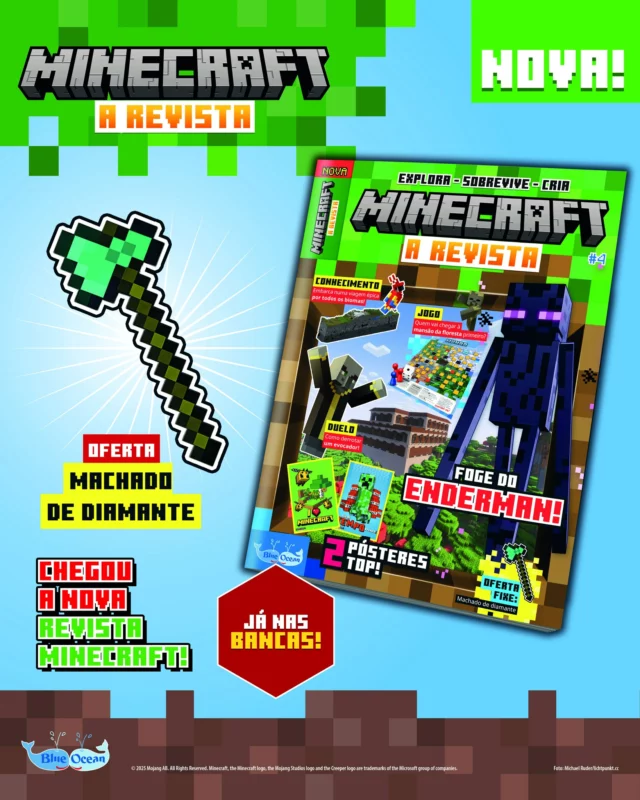 A tua aventura espera por ti na nova edição da revista Minecraft! Embarca na descoberta pela mansão da floresta entre densas árvores e criaturas misteriosas. 🔍 Descobre os diferentes biomas que este mundo em blocos tem para te oferecer e diverte-te com os diversos passatempos e atividades que preparámos para ti, mas não te percas nos olhos de nenhum Enderman... Para te auxiliar nestas artimanhas, recebes um machado de diamante! 🪓💎