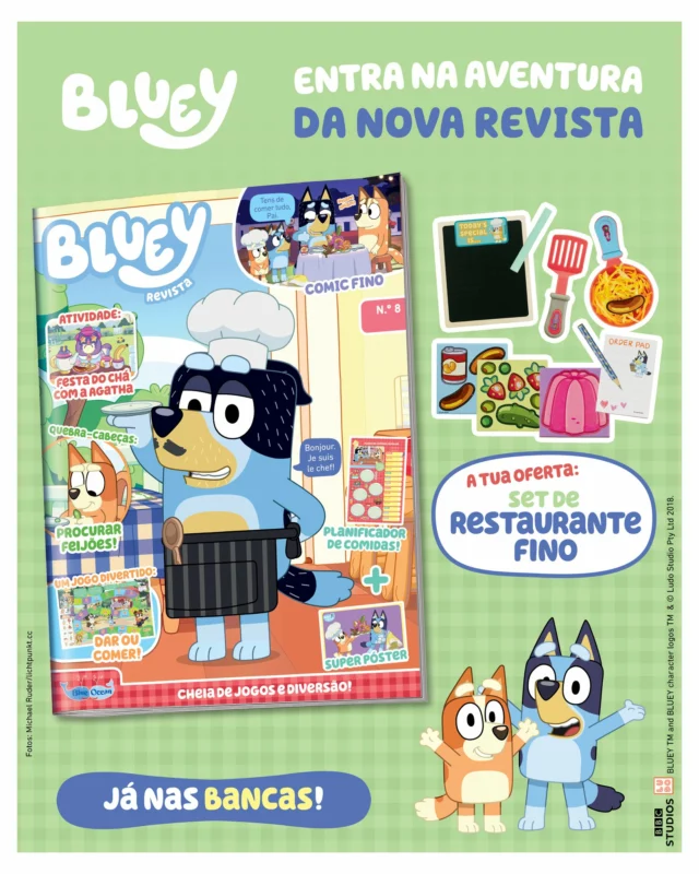 Já está nas bancas a nova edição da revista Bluey! Junta-te a esta aventura superdeliciosa e divertida. De oferta, recebes um set de restaurante fino da Bluey e da Bingo. Vamos a isso, fofinhos! 🐶 #bluey #blueoceanportugal
