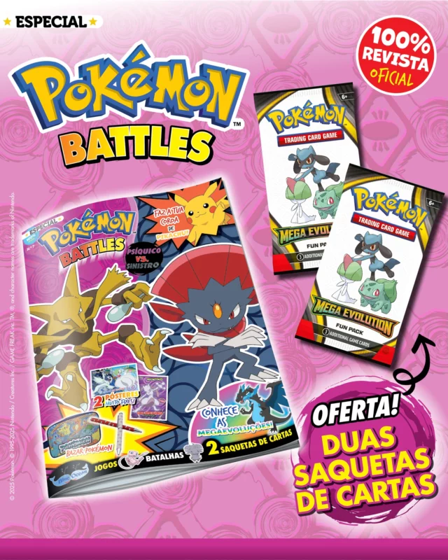 A nova edição da revista Pokémon Battles já se encontra nas bancas! 💥 Fica a saber mais sobre os tipos Psíquico vs. tipos Sinistro, assim como do novo videojogo que aí vem! 🎮 Diverte-te a descobrir mais sobre as megaevoluções e pinta os desenhos que preparámos para ti. Como oferta, recebes duas saquetas de cartas.