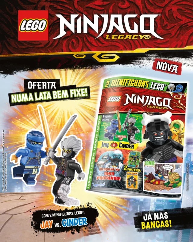 A revista mais ninjatástica de sempre está à tua espera! Estás com vontade de te aventurar e de derrotar o mal? Não te preocupes, a nova edição da revista LEGO® NINJAGO® LEGACY traz-te isso e muito mais! De oferta, tens ainda as minifiguras LEGO® do Jay vs. Cinder.