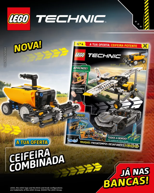Não percas a nova revista LEGO® Technic! Nesta edição, o designer da ceifeira que incluímos na revista explica o seu processo de criação. Além disso, encontrarás muitos passatempos para testar os teus conhecimentos, dicas de construção e muito mais.
