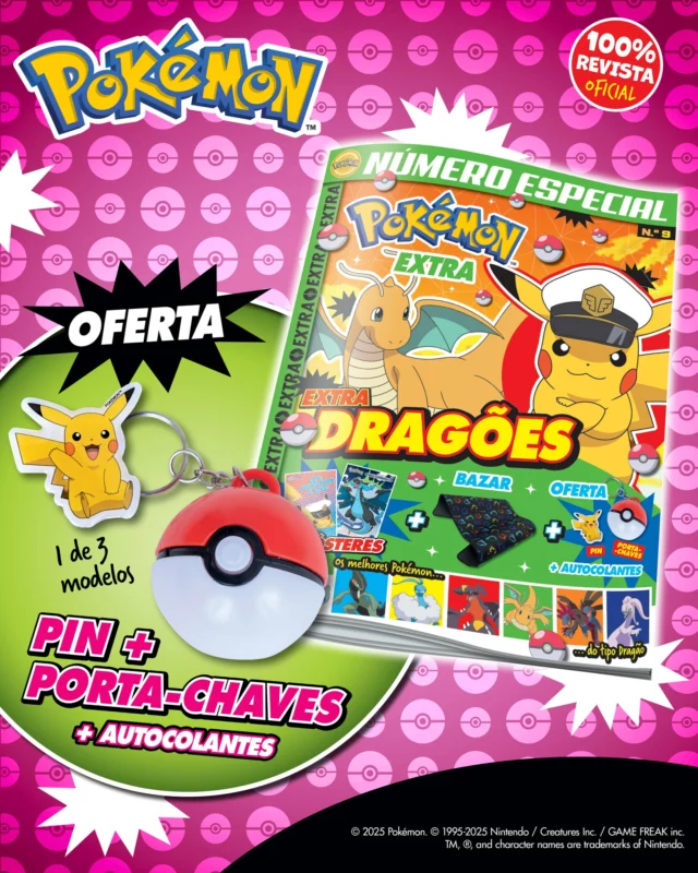 Na nova edição da revista Pokémon Extra, as aventuras dos Aeronautas Elétricos continuarão! ⚡️ Conseguirá o Rain ajudar o Wattrel a voar? Conseguirão os Aeronautas Elétricos resolver os problemas causados pelo Spinel e partir? Não percas a continuação da história! Como oferta, poderás ter 1 de 3 modelos do set de fã! ✨