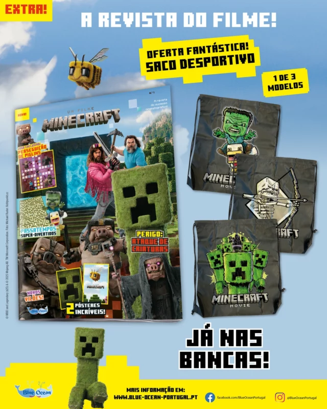 Chegou a revista de Minecraft: O Filme! 🎬
Prepara-te para uma viagem incrível pelo universo de blocos que todos adoramos! Veste a tua armadura, pega na tua picareta e parte numa aventura cheia de ação, desafios e muita diversão! 🤩
Nesta edição, vais descobrir quem são os heróis do filme, explorar atividades brutais, enfrentar desafios só para os mais corajosos e desvendar mistérios do fantástico mundo de Minecraft.
E ainda há mais! Vem com um saco desportivo para levares o teu inventário para todo o lado! Ativa o modo sobrevivência e vive esta aventura como um verdadeiro mestre do Minecraft! ⛏💪