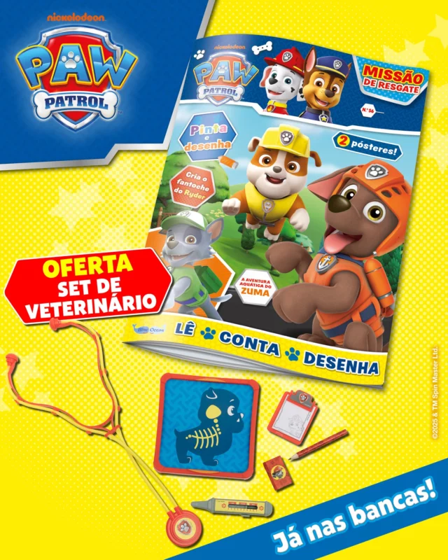 A nova edição desta Patrulha ão-tástica está de volta às bancas! ✨ Diverte-te com a história que temos preparada para ti, mas cuidado… não saias a voar! Agarra nas tuas canetas e pinta os diversos desenhos dos teus cachorros preferidos. De oferta, recebes um set de veterinário. 🐾