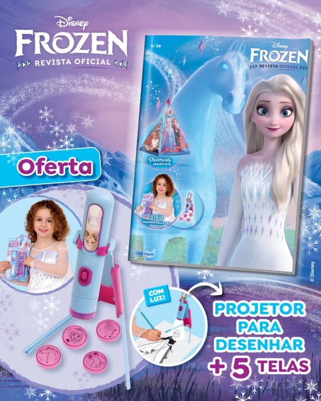 A nova edição da revista Frozen já está, bem fresquinha, nas bancas! ❄ Conhece o espírito da água Nokk e aventura-te com ele e com a Elsa numa viagem repleta de novas amizades. 💙 Como oferta, recebes um projetor para desenhares + 5 telas. Uau! ✨