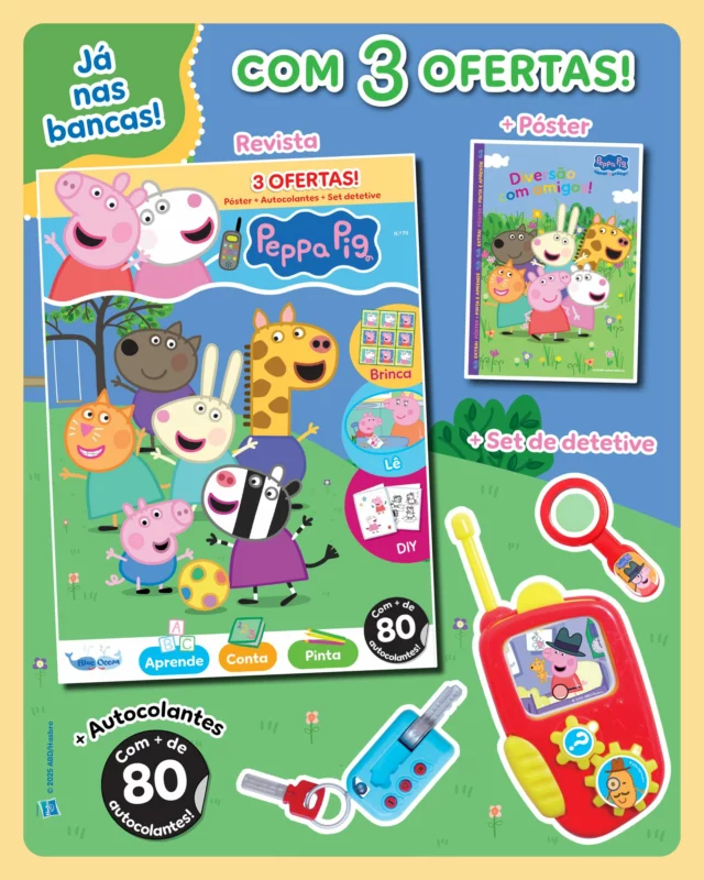 A nova edição da revista Peppa Pig já está nas bancas! 🐽 Reflete sobre o valor da amizade com esta nova aventura da Peppa e da sua melhor amiga, a Olga. Chama também a tua melhor amiga e divirtam-se com diversas atividades: brinquem aos detetives, desenhem e pintem! Como oferta, recebes um set de detetive. 🕵 Oinc oinc!