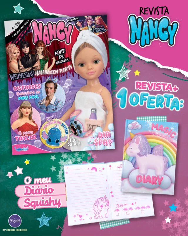 A nova edição da revista Nancy está boo-tástica! 👻 Prepara-te para o Halloween e fica a par dos disfarces mais cool das tuas celebridades preferidas. Organiza uma festa ao estilo da Academia Nevermore e acompanha as mudanças das estrelas de Stranger Things! Como oferta, recebes um diário top secret para anotares os teus segredos + uma caneta com luz UV e tinta invisível. Muito fixe! ✨