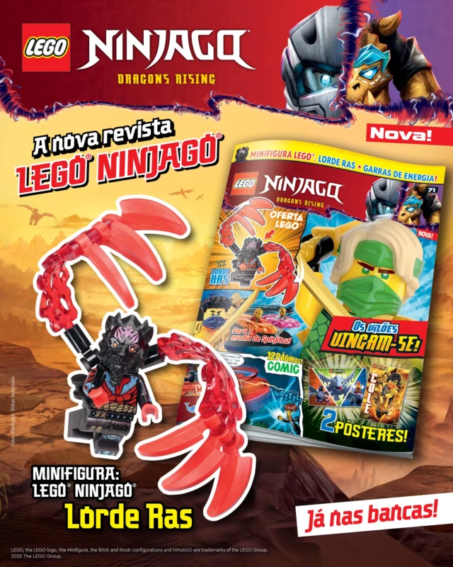 A nova edição da revista LEGO® NINJAGO® já está nas bancas! Junta-te aos Ninja em missões incríveis para salvar o mundo dos vilões e mafiosos. Nesta edição tens ainda, de oferta, a minifigura original do Lorde Ras.