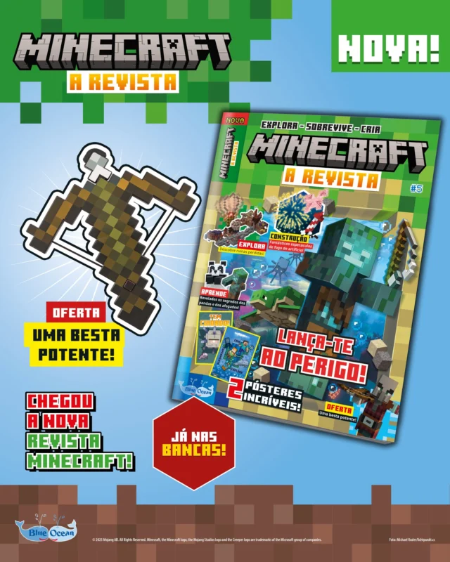 A nova edição da revista Minecraft já se encontra nas bancas! 💥 Fica a saber mais sobre os pandas e os diversos tipos que podes encontrar durante as tuas aventuras. Veste também o teu melhor equipamento e vai à pesca… 🎣 mas cuidado com os afogados! De oferta, recebes uma incrível e potente besta!