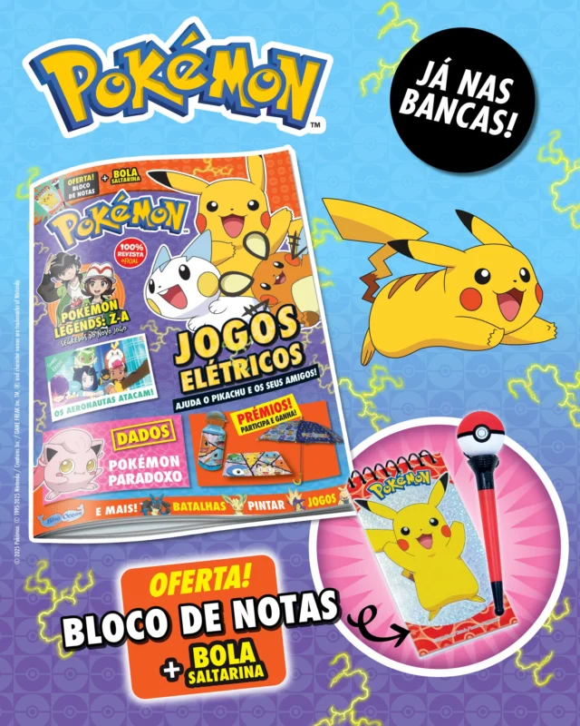 A aventura continua com a nova edição da revista Pokémon! Segue a história dos Aeronautas Elétricos, que estão à procura da Liko depois de um Pokémon lhe ter apagado as memórias! Diverte-te com o Murdock e o Pikachu nos passatempos e jogos que preparámos para ti. De oferta, recebes ainda um bloco de notas e uma bola saltarina! ⚡