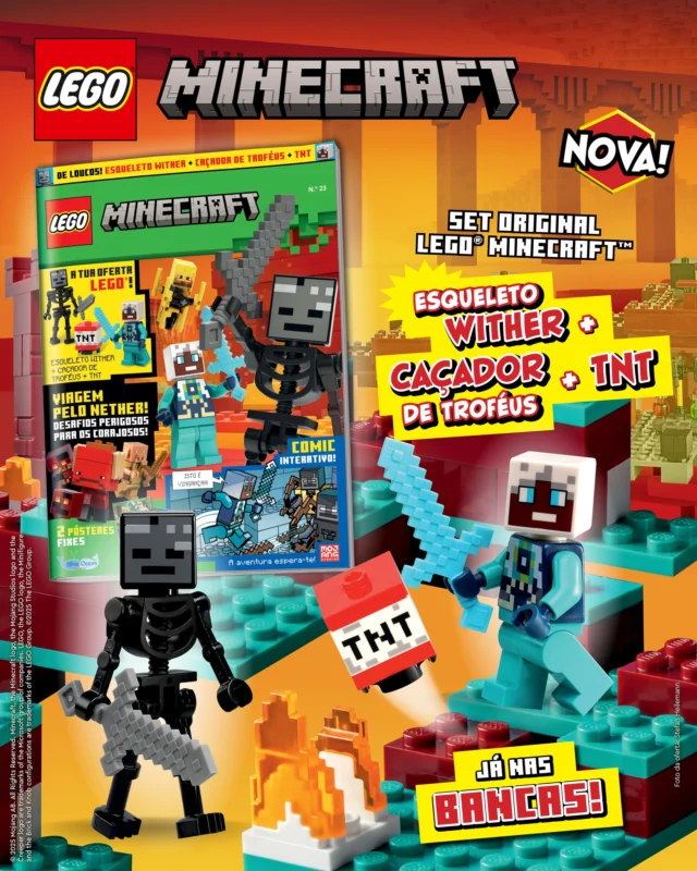 Vem à caça de diversão com a nova edição da revista LEGO® Minecraft™! Acompanha os heróis nas suas aventuras até ao Nether, passando por diferentes contratempos. Usufrui, ainda, dos passatempos e das atividades que preparámos para ti. Com a revista, recebes um mini set original LEGO® Minecraft™: Esqueleto Wither + Caçador de Troféus + TNT. 💥
