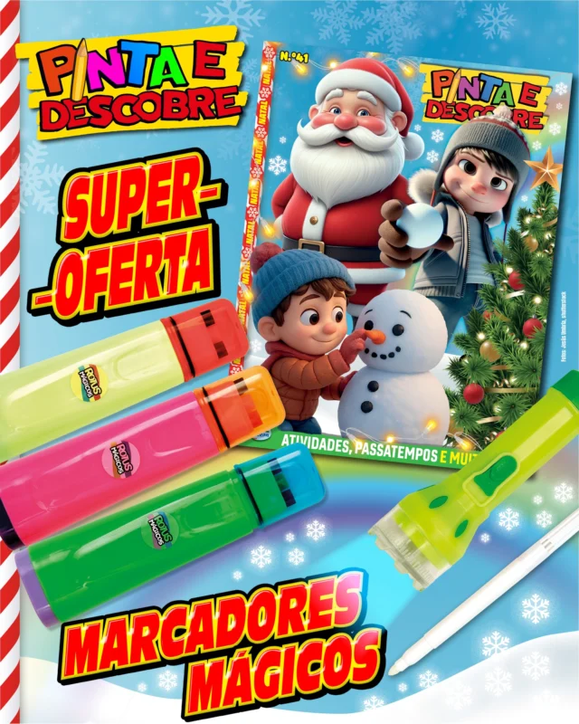 Não percas a nova revista da Pinta e Descobre 🎄✨
Ho-ho-ho! Diverte-te com as atividades natalícias, os passatempos mágicos e as surpresas brilhantes que preparámos especialmente para ti! Vais poder pintar o Pai Natal, decorar árvores cheias de cor e dar vida aos duendes e às renas mais divertidas do Polo Norte!
Recebes ainda dois marcadores mágicos, para que as tuas criações brilhem com a verdadeira magia do Natal! 🎁🖍️
