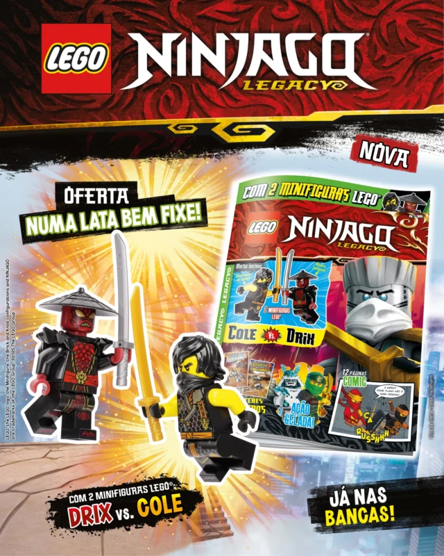 Está nas bancas uma nova aventura ninjatástica! Descobre tudo na mais recente edição da revista LEGO® NINJAGO® Legacy. Para além de missões perigosas e entusiasmantes, tens ainda, de oferta, as minifiguras LEGO® do Cole vs. Drix.