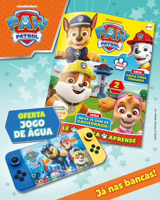 A nova edição dos teus cachorros preferidos está de volta às bancas e com uma aventura de andar pelos ares… literalmente! 🫨 Acompanha a missão da Patrulha Pata para resgatar duas aves muito traquinas e diverte-te com as atividades que preparámos para ti. 🐾 De oferta, recebes um jogo de água superfixe!