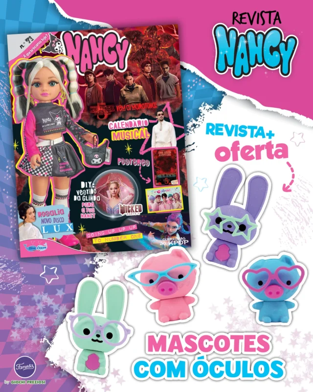 A nova edição da revista Nancy já está nas bancas!
Trazemos-te todas as informações sobre o filme As Guerreiras do K-pop, desde curiosidades das protagonistas até aos segredos dos bastidores! E porque não há melhor momento para reviver grandes aventuras, preparamos um guia especial para rever Stranger Things, perfeito para apanhares cada detalhe antes da nova temporada. De oferta, recebes ainda mascotes superfofas com óculos, prontas para te acompanhar em todas as tuas leituras!