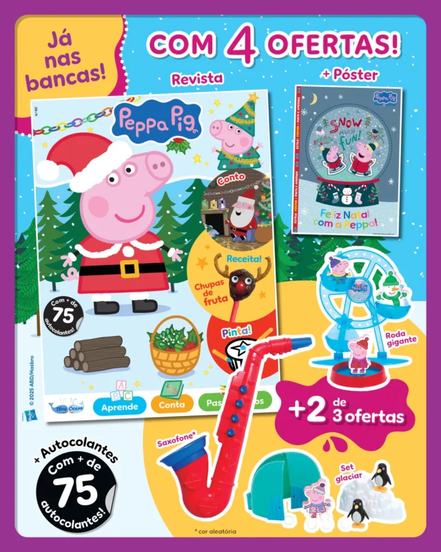 A nova edição da Peppa Pig já está nas bancas e traz um cheirinho a Natal!🎄Conseguirá o Pai Natal encontrar a casa da família Porquinho para entregar as prendas? Acompanha também a Peppa e os coleguinhas num teatro natalício, aprender a fazer chupas de fruta e diverte-te com o caderninho repleto de atividades! Oinc! De oferta tens um mix com duas de três ofertas. Incrível! 🐽
