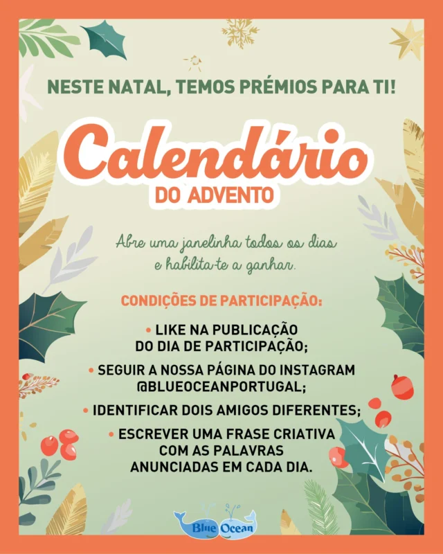 Contagem decrescente para o Natal! 🎅✨

O nosso Calendário de Advento está prestes a começar — e este ano vem cheio de surpresas incríveis! Todos os dias, de 1 a 24 de dezembro, abre uma nova janelinha e descobre prémios mágicos! 💫 
Só tens de:
- Pôr like no post do prémio do dia;
- Seguir a nossa página no Instagram;
- Identificar dois amigos diferentes na caixa dos comentários;
- Escrever uma frase criativa com as palavras anunciadas diariamente.

Prontos para embarcar nesta aventura natalícia? 🎄