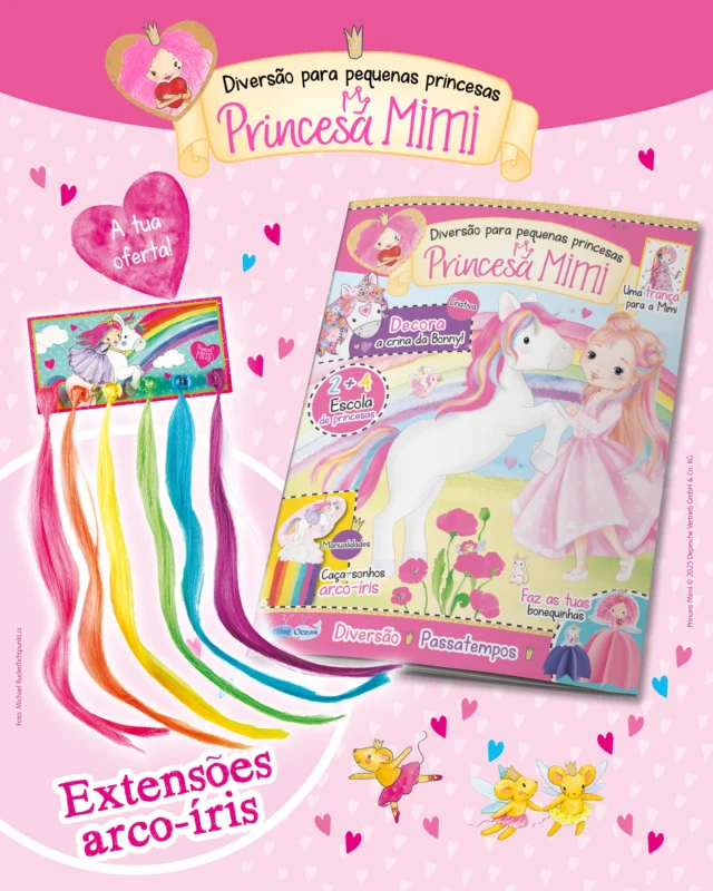 A nova revista da Princesa mais amorosa de sempre já está à tua espera nas bancas! ✨Nesta edição, a Mimi traz passatempos e atividades super coloridas para te divertires ao máximo. Vais poder fazer um caça-sonhos arco-íris, decorar a crina da pónei da Mimi com muito estilo e ainda criar as tuas próprias bonequinhas! Além disso, podes ler a nova aventura da Mimi. De oferta, recebes madeixas coloridas, perfeitas para um look mágico e divertido! 🌈💖