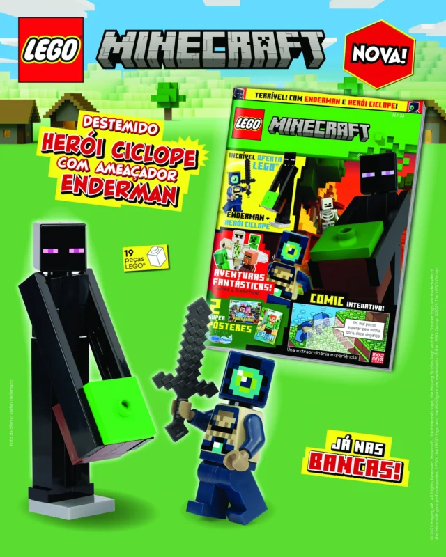 Chegou às bancas o novo número da revista LEGO® Minecraft™. Diverte-te com o comic interativo, os jogos e muito mais. Além disso, com esta edição, recebes um conjunto de figuras: Enderman + Herói Ciclope. Mas não te esqueças... não faças contacto visual com este mob! 🫣
