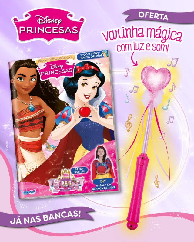 A nova edição da Disney Princesas está de volta às bancas! 🎀 Diverte-te com as diversas atividades que preparámos para ti: pinta a Aurora e a Bela, aventura-te na descoberta da Branca de Neve e dos 7 anõezinhos e junta os teus materiais para fazeres uma incrível mala da Branca de Neve. De oferta, recebes uma linda varinha mágica com luz e som! 💗✨