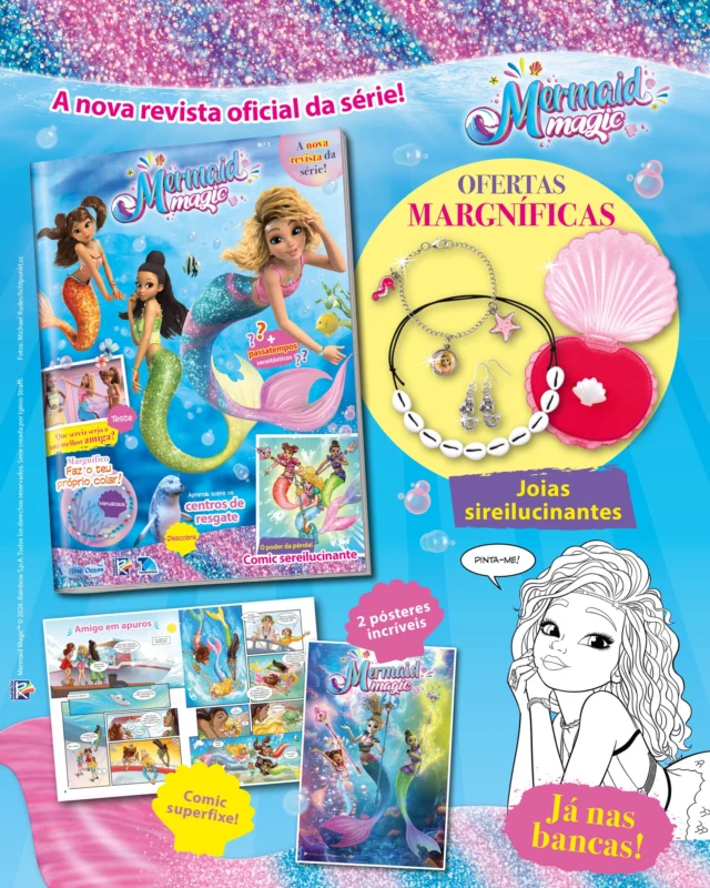 Chegou às bancas a nova revista da série! 
Acompanha a Merlinda, a Sasha e a Nerissa nas suas aventuras submarinas em Metrópolis, no comic de cada edição 🤩

Além disso, vais encontrar imensos passatempos, enigmas 🔍 e dois pósteres super fixes das sereias 🧜‍♀️ para decorares o teu quarto ✨

De oferta tens ainda um conjunto de joias sirelucinantes! 🥰

Não percas!