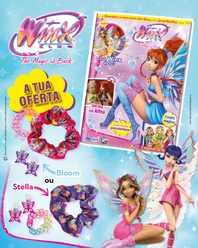 ✨ Chegou às bancas a 1.ª edição da revista Winx! ✨
Junta-te à Bloom, à Stella, à Flora, à Musa, à Tecna e à Aisha numa aventura mágica cheia de ação e amizade, com um comic super fixe em cada edição 

Descobre passatempos super interessantes e divertidos, com quizzes mágicos e desafios que vão pôr à prova o teu poder de fada!

E ainda: de oferta um incrível set de joias de fada para brilhares como uma verdadeira Winx!

Não percas esta edição cheia de magia! 🧚‍♀️💫