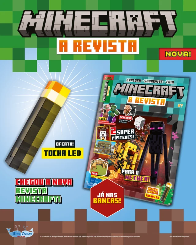 Atenção, gamers! 💥 Minecraft: A Revista está de volta, cheia de aventuras, desafios e muita diversão pixelada ⛏️
Inclui 2 pósteres + uma tocha led com 3 ecrãs para iluminar o teu mundo pixelado! 🔦
👉 Já está disponível no teu quiosque, não fiques sem a tua!