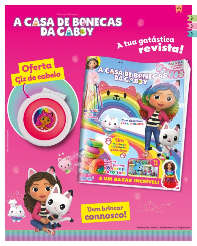 A Gabby e os seus gatinhos estão de volta para mais uma aventura incrível! Para além de ficares a saber como se fazem dónutes coloridos, ainda recebes, de oferta, um giz de cabelo para ficares igualzinha à Gabby! Diverte-te!