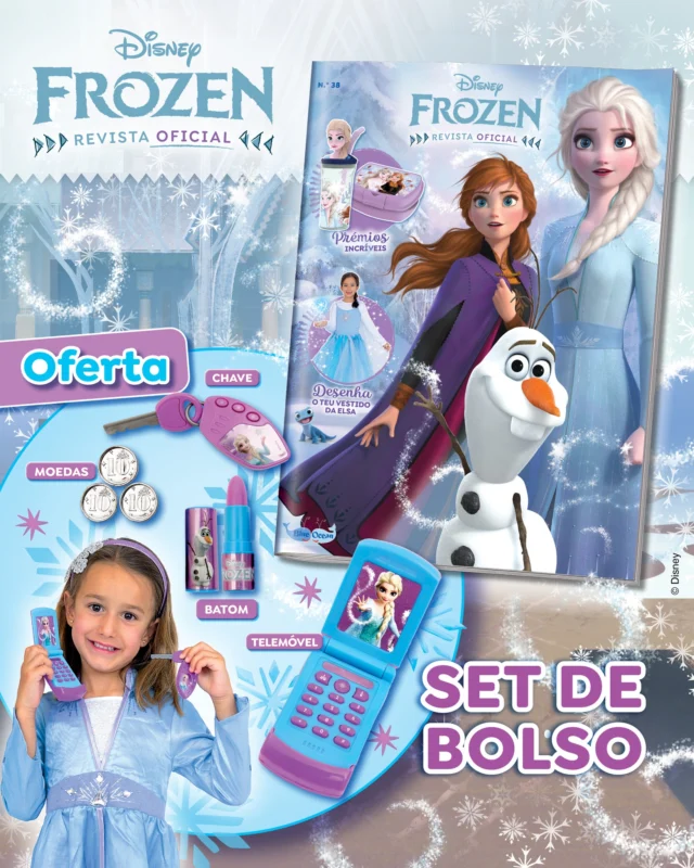 A nova edição da revista Frozen está de volta às bancas! ❄ Reflete sobre o conceito de família e a importância da mesma, enquanto exploras a conexão das irmãs Anna e Elsa. E como o carnaval está mesmo aí à porta... aprende a fazer um lindo vestido da Elsa! 👗 De oferta, recebes um set de bolso constituído por: chave, moedas, batom (de brincar) e telemóvel. Uau! 💙