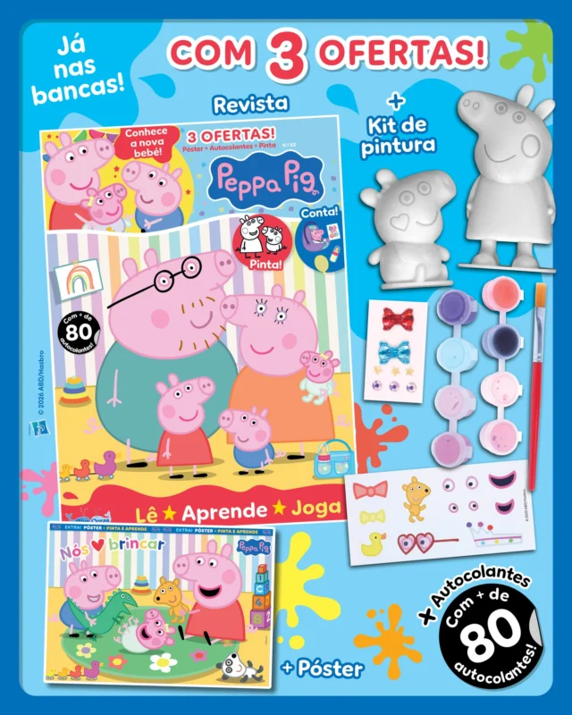 A nova edição da Peppa Pig já está nas bancas e traz um novo elemento consigo… a bebé Evie! 🥰 Acompanha o nascimento da irmãzinha mais nova da Peppa e do Jorge, assim como as diversas tentativas de nomes até escolherem o ideal. Quando terminares de ler a revista, conta-nos que nomes tinhas pensado para a nova bebé da família Porquinho! De oferta, recebes um kit de pintura: Peppa + Bebé Evie. Que giro, oinc! 🎨