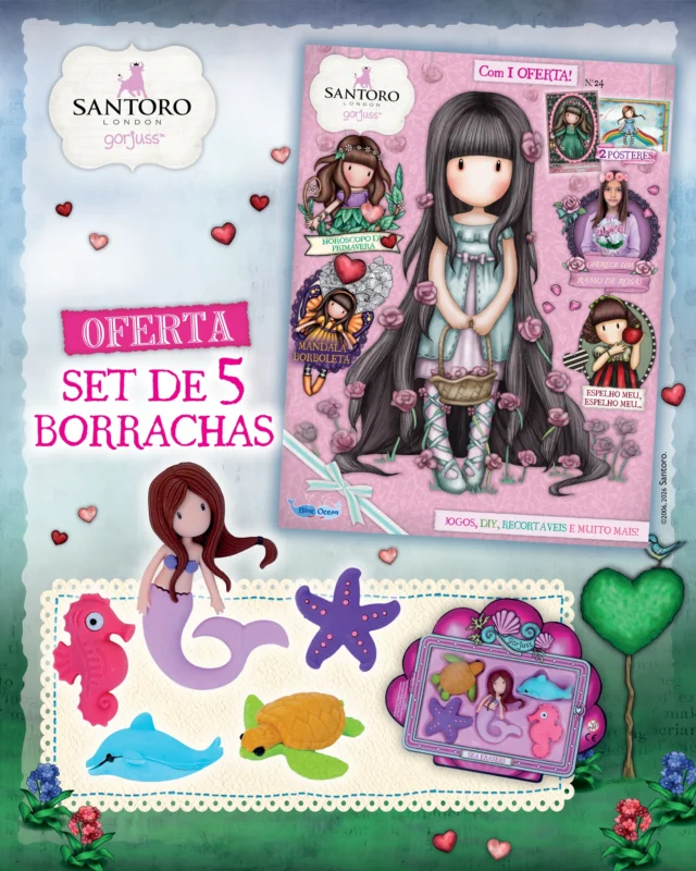 A nova edição da tua miúda Gorjuss já está nas bancas! 🎀 O que achas de falarmos de emoções e daquilo que a primavera nos pode trazer? Diverte-te também com a criação de um clube de leitura: convida as tuas amigas e passem serões literários maravilhosos! 🥰 De oferta, tens um set de 5 borrachas megagiras que podes utilizar nas atividades que preparámos para ti!