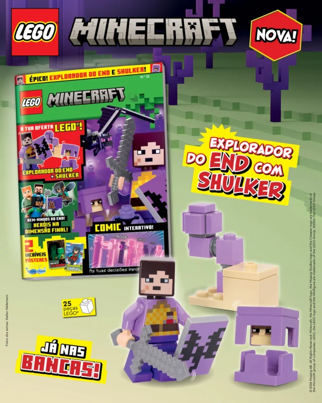 Chegou às bancas uma nova edição da revista LEGO® Minecraft™. Desfruta do comic interativo, dos jogos e muito mais. Além disso, com este número irás receber um conjunto de figuras LEGO® Minecraft™: Explorador do End + Shulker. Brutal!