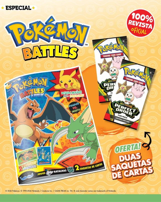 A nova edição da revista Pokémon Battles está de volta às bancas e traz-te novas batalhas: Voador vs. Inseto. Qual destes tipos consideras o mais forte? Diverte-te, também, com os desafios incríveis que preparámos para ti e fica a saber mais sobre Pokémon TCG: Mega Evolution. Torna o teu baralho ainda mais incrível com a oferta que temos para ti: duas saquetas de cartas! ⚡️