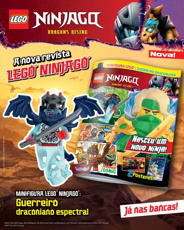 A nova edição da revista LEGO® NINJAGO® já está nas bancas! Junta-te aos Ninja em missões incríveis e salva o mundo dos vilões. Recebe, ainda, de oferta a minifigura original do Guerreiro Draconiano Espectral.