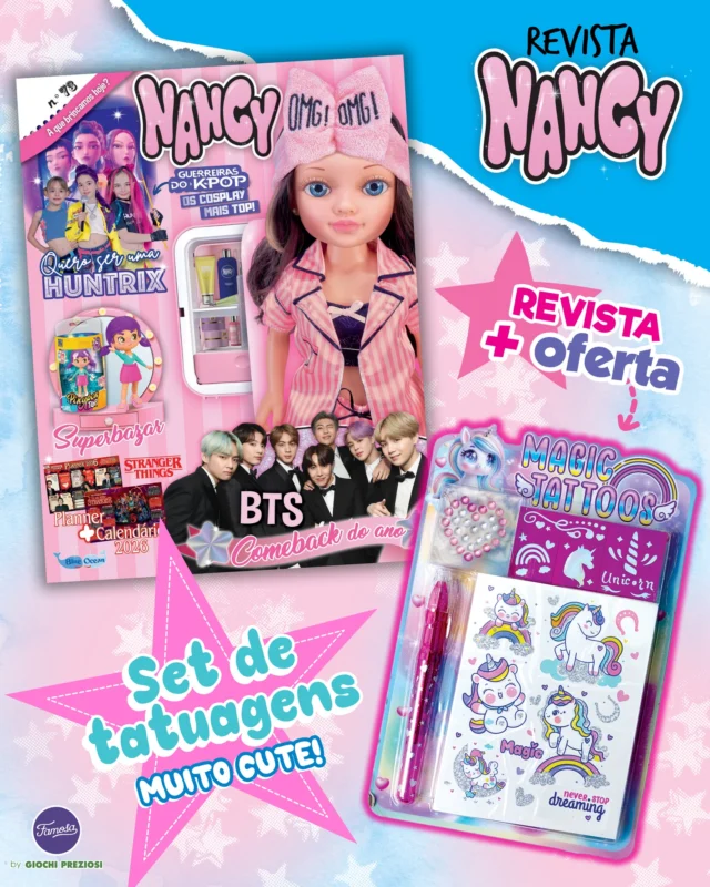 A Nancy está de volta com novidades bem fresquinhas! Descobre tudo sobre o comeback dos BTS, como te podes vestir como as Huntrix e, ainda, alguns momentos divertidos das gravações da série "Stranger Things". De oferta, recebes este set de tatuagens muito cute!