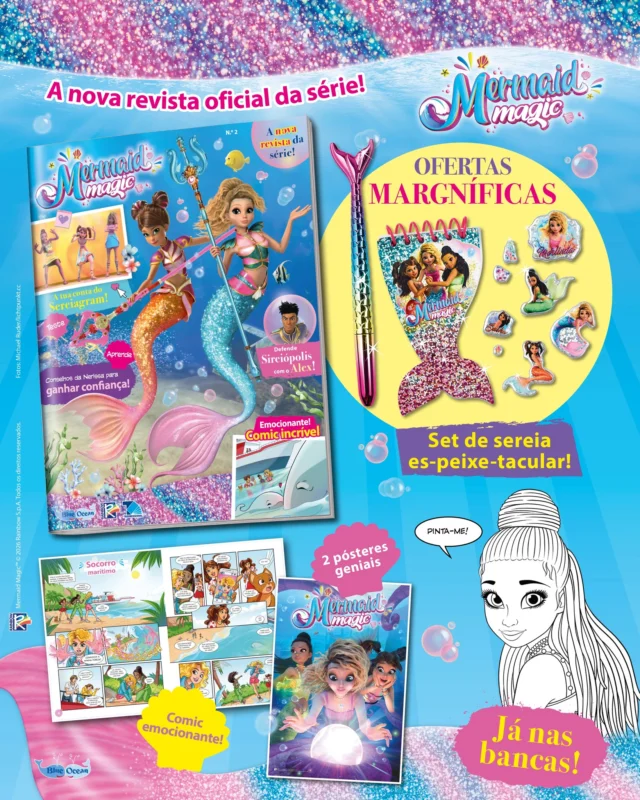 A nova edição da revista Mermaid Magic já chegou às bancas! 
Esta edição inclui um comic incrível onde vais acompanhar a Merlinda, a Nerissa e a Sasha a salvar a mãe de uma adorável baleiazinha 🐳. Mas, ATENÇÃO, as coisas podem complicar-se... 😱

De oferta, um lindo conjunto de sereia! 😍

Nada até às bancas para apanhares a tua! 🐬
