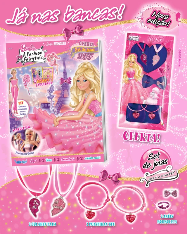 Hoje a nova edição da revista Barbie chega às bancas!

Nesta edição, a Barbie para Paris ter com a sua tia e acaba por ter uma aventura superestilosa! Traz também ainda um DIY que podes seguir para fazeres um vestido cool para a tua Barbie, para também te poderes tornar numa verdadeiras estilista. 

De oferta, ainda tens sim set de joias que podes partilhar com a tua BFF!
Corre para as bancas!