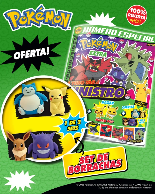 Vem aí uma nova edição a revista Pokémon Extra! Aprende tudo sobre os Pokémon do tipo Sinistro e diverte-te a seguir a aventura da Liko e do Rain. De oferta, vais receber um de dois sets de borrachas superfixes!
