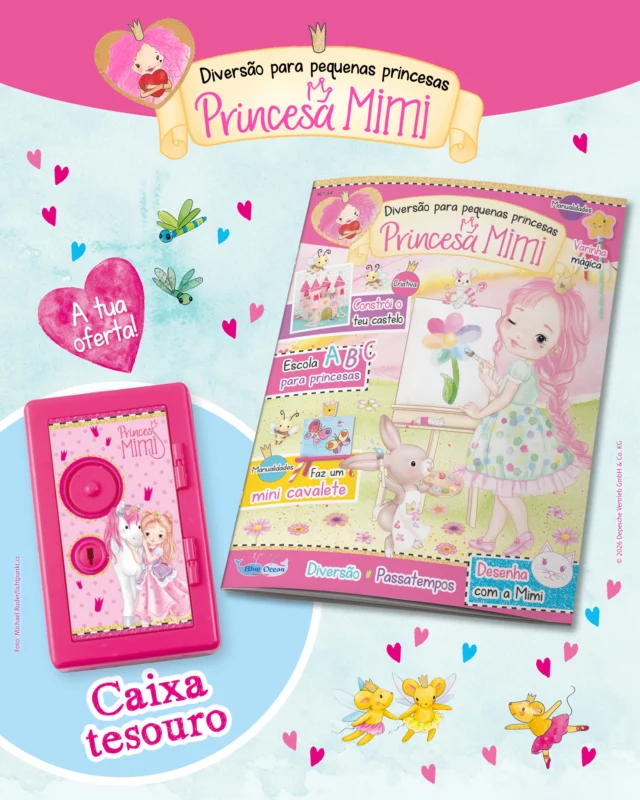 A nova revista da Princesa mais encantadora de sempre já chegou às bancas! ✨ Nesta edição, vais poder dar asas à tua imaginação e construir o teu próprio castelo digno da realeza 👑. Também vais poder criar um mini cavalete super fofinho para as tuas obras de arte! 🎨

E não é tudo… ainda te poderás divertir e aprender muito na escola super fixe para princesas, cheia de surpresas mágicas e atividades incríveis! 💖

De oferta, recebes uma caixa tesouro muito bonita, perfeita para guardares todos os teus segredos e pequenos tesouros ✨💎