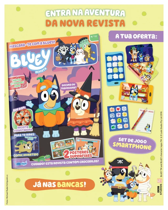 Já está nas bancas a nova edição da revista Bluey! Divirtam-se com as muitas aventuras das irmãs Heeler. Como oferta, recebem também este set de jogo smartphone para imaginarem as vossas apps fantásticas!