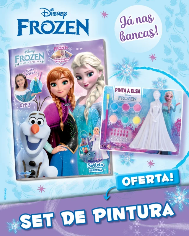 A nova edição da revista Frozen está de volta às bancas! 💙✨ Na nova história que temos preparada para ti, fala-se sobre a importância de seguir os nossos sonhos e interesses. Nunca deixes de o fazer, pequeno leitor! Diverte-te com as atividades que vais encontrar ao longo da revista e fica a saber mais sobre a abertura do novo parque World of Frozen! ❄ INCRÍVEL! De oferta, recebes uma incrível figura da Elsa para pintar. Inclui 6 tintas, 1 pincel e. ainda, 24 strass!