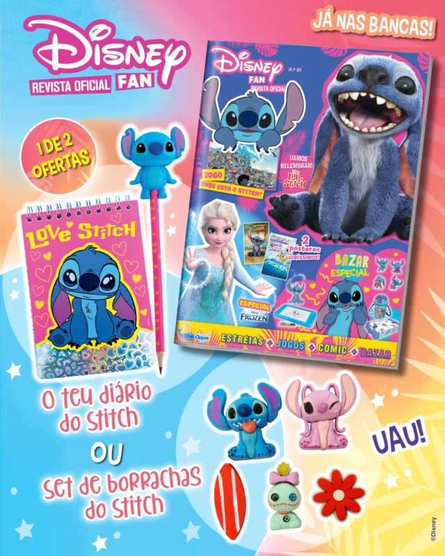 A tua edição da Disney Fan está de volta às bancas e vem em modo de bichinho travesso com o Stitch! Temos a certeza de que ficarás com vontade de rever o filme, que foi o sucesso do verão passado, depois das curiosidades que te vamos contar! Aprende a fazer um gelado Stitch e consulta o teu horóscopo de primavera. Para melhorar, podes ter 1 de 2 ofertas: o diário do Stitch ou um conjunto de borrachas. Qual te calhou? 💙✨