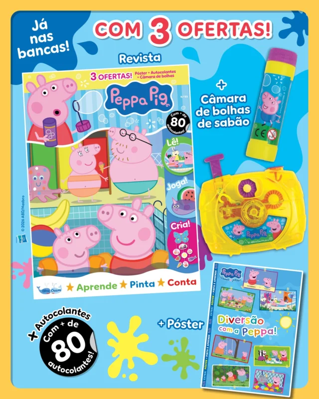 A nova edição da Peppa Pig já está nas bancas! Diverte-te com a Peppa e a restante Família Porquinho no parque aquático. Que coisas irão eles fazer? Em que diversões irão andar? Aprende, também, a fazer um móbile de fotos e desfruta das restantes atividades que preparámos para ti. Que incrível! Oinc! De oferta, recebes uma câmara de bolhas megafixe! 🐽✨