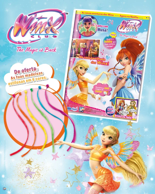 A espera acabou! 
A nova edição da revist Winx Club chega hoje às bancas! Aqui, tens um comic superdivertido, muitas atividades para completares com as tuas fadas favoritas para estimulares a tua magia e te tornares a melhor fada de todos os tempos! 🤩🧚‍♀️

De oferta,  ainda recebes umas madeixas estilosas para que nunca percas o estilo, como a Stella! ✨