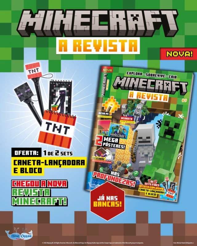 Adivinha o que já está a chegar! A nova edição de Minecraft: A Revista!

Cheia de dicas super fixes para melhorares o teu mundo: aprende como organizar a tua quinta de forma eficiente e descobre tudo sobre as plantações de cana-de-açúcar, desde como cultivar até como tirar o máximo proveito delas no teu dia a dia no jogo.

E não é tudo!

De oferta, tens ainda uma caneta lançadora e um bloco de notas para dares asas à tua criatividade dentro e fora do mundo pixelado.

Já disponível no teu quiosque, não percas! Corre antes que esgote! ⛏🤩