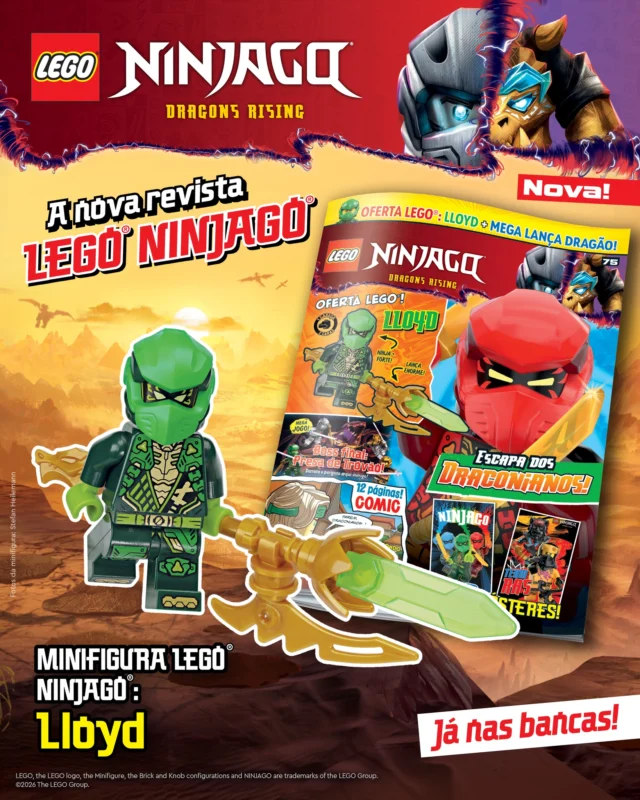 A nova edição da revista LEGO® NINJAGO® já está nas bancas! Junta-te aos Ninja em missões incríveis e salva o mundo dos vilões. Recebe, ainda, de oferta a minifigura original do Lloyd.