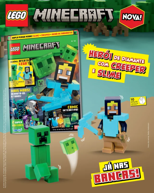 Chega às bancas uma nova edição da revista LEGO® Minecraft™. Desfruta do comic interativo, dos seus jogos e muito mais! Além disso, neste incrível número, vais receber um conjunto de figuras LEGO® Minecraft™: Herói de diamante + creeper + slime!